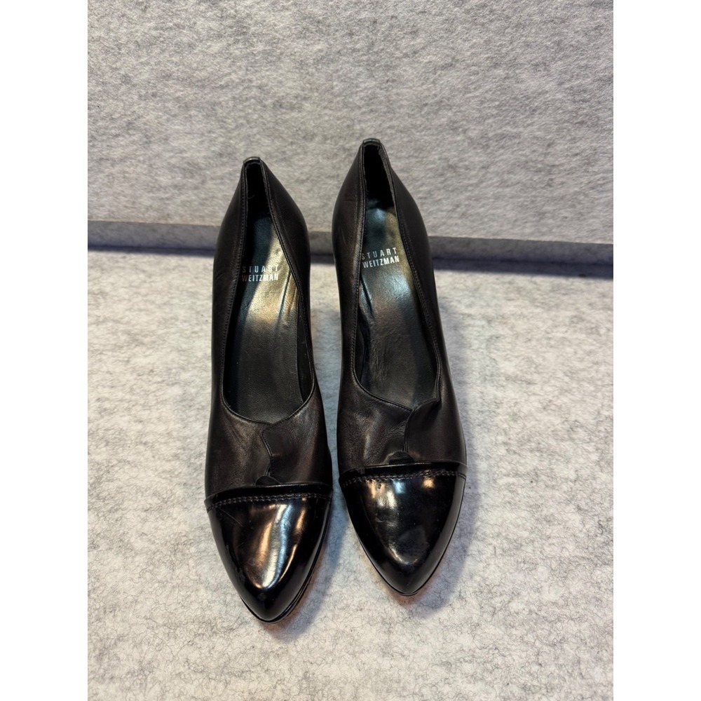 Stuart Weitzman Black Leather Patent Cap Toe Pump Heel 9 M Spain GH37912